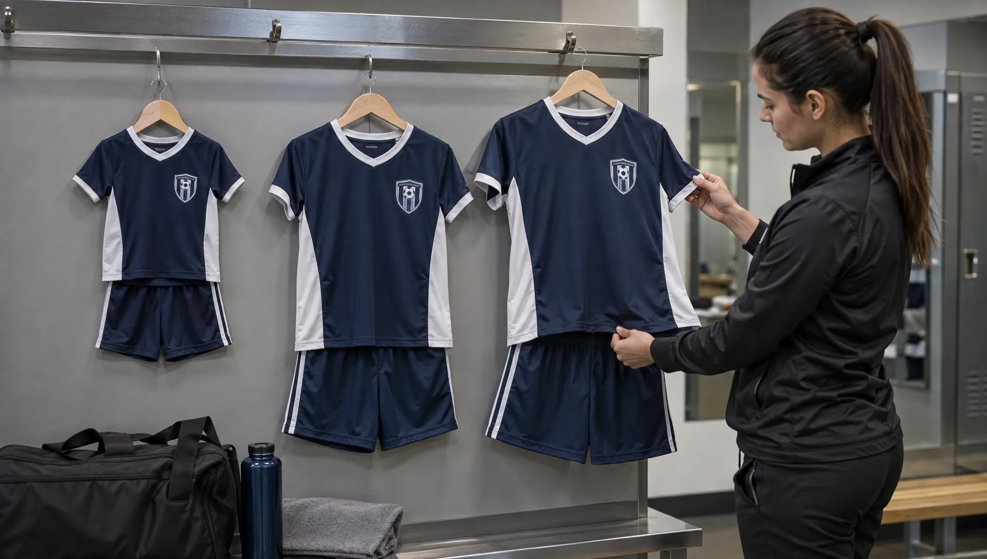Small, medium and large custom uniforms hang on a changing-room rail as an adult team manager compares their matching chest logos and checks sleeve and waistband fit.