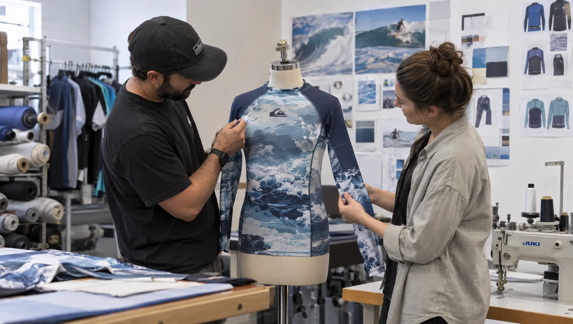 Two apparel specialists inspect a sublimated rash guard, checking color and sponsor placement where the printed panels meet at a seam.